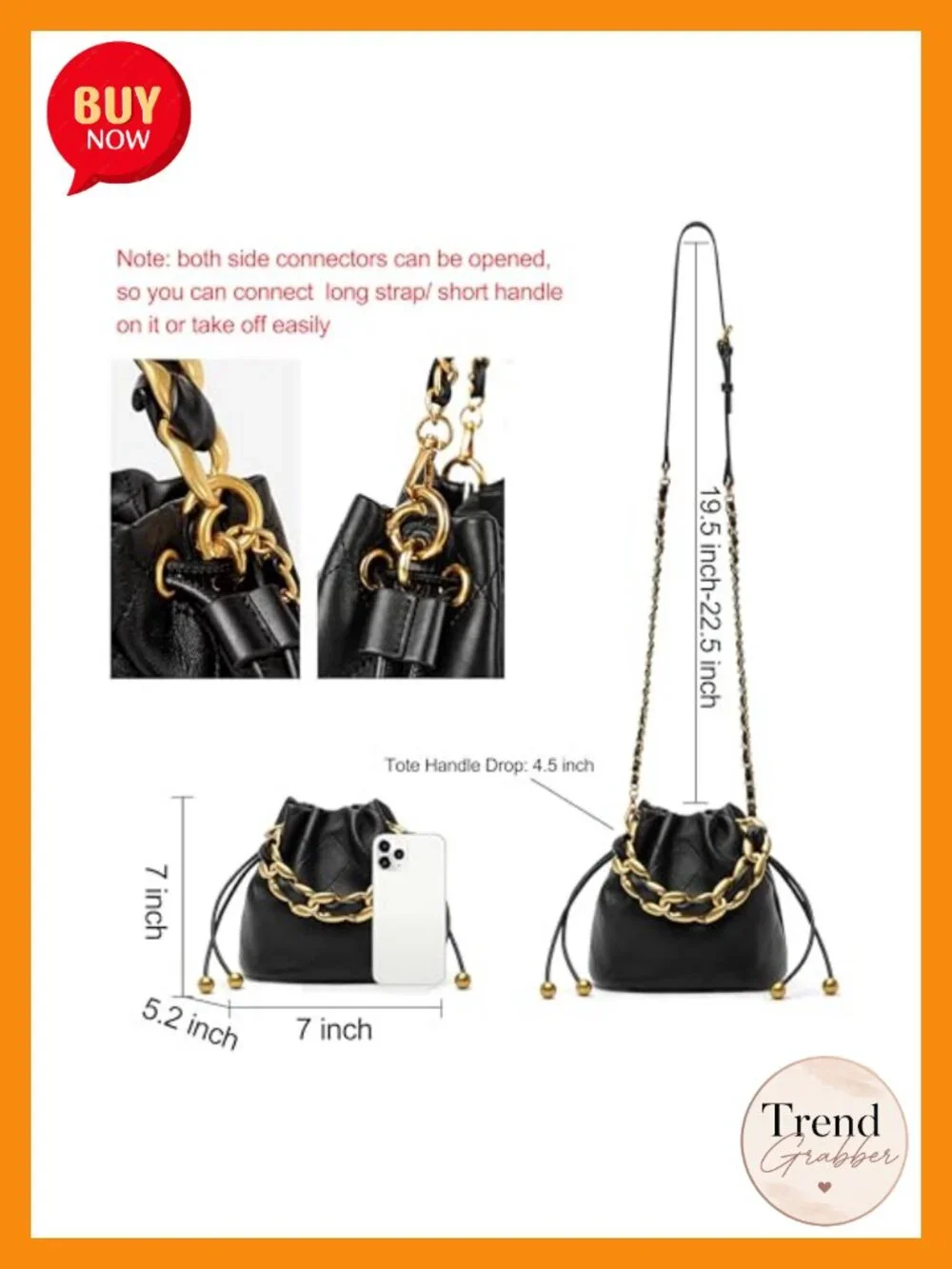 Small Lambskin Leather Drawstring Bucket Bag with Chunky Chain Strap